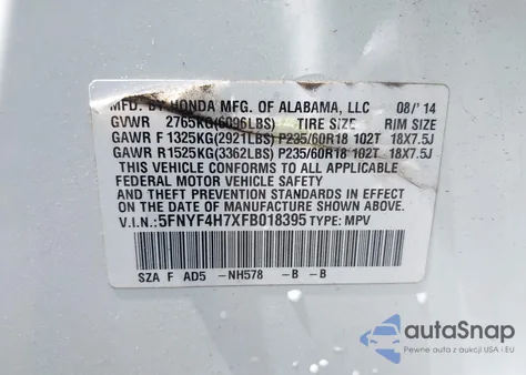 2015 Honda Pilot Ex-L из США, поврежденный, VIN 5FNYF4H7XFB018395